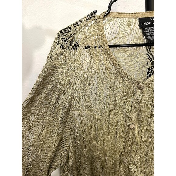 Vintage Carole Little Womens Gold Metallic Open Knit Cardigan Sweater Sz 1X - Picture 4 of 8